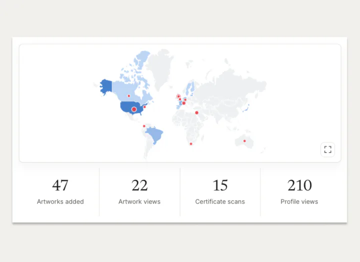 Proofmark dashboard map showing artwork views, NFC scans, locations and movement around the world