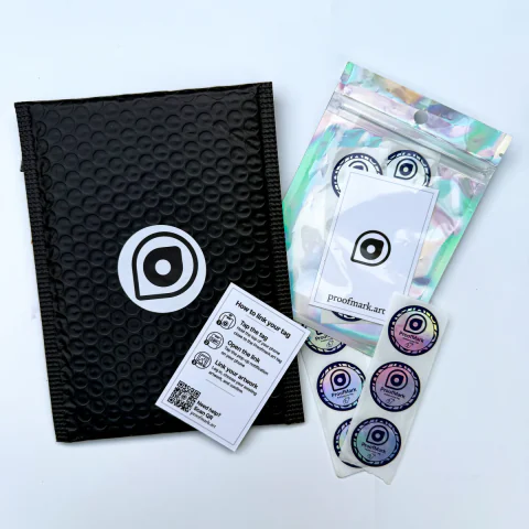 Proofmark starter kit with padded mailer, NFC stickers, and setup guide