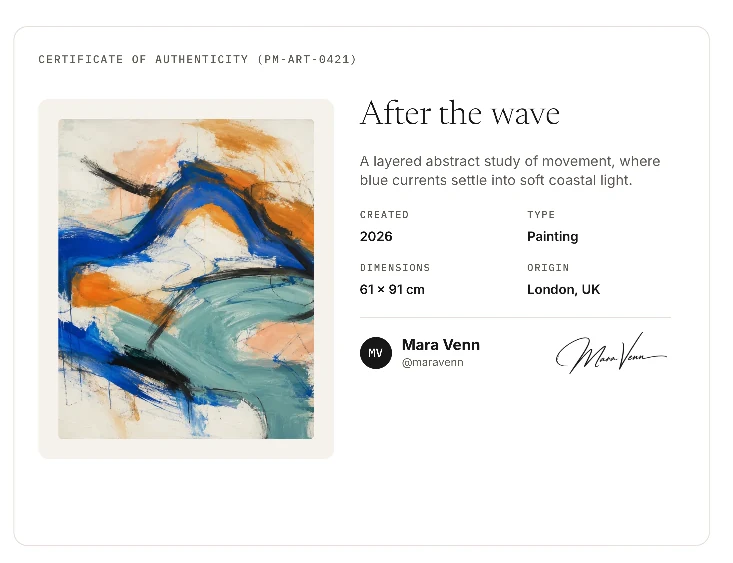 Digital certificate of authenticity preview for an artwork