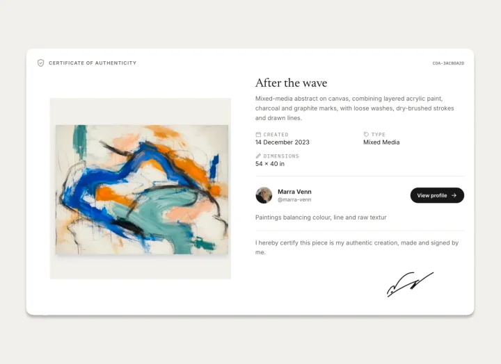 Proofmark certificate of authenticity for the artwork After the wave