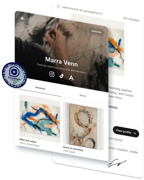 Proofmark artist profile, certificate of authenticity, and NFC tag preview